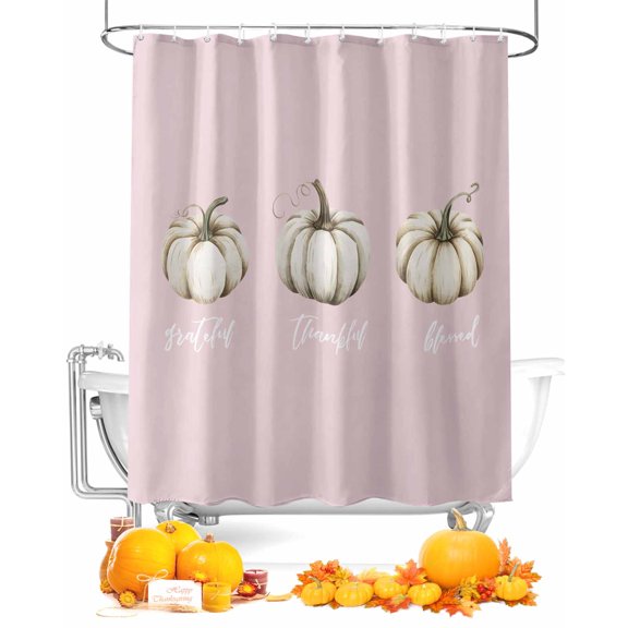 Fall Shower Curtain White Pumpkin Bathroom Curtains with Hooks, Waterproof Fabric Autumn Harvest Pink Thanksgiving Bath Shower Curtains Set for Bathroom Bathtubs Decor 72x84 Inch