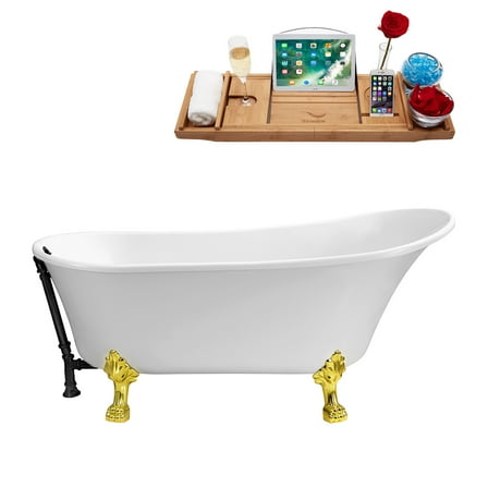 67" Streamline N340GLD-BL Soaking Clawfoot Tub and Tray With External Drain