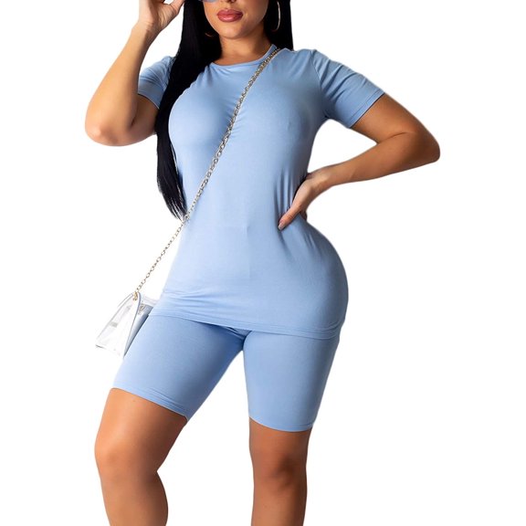 KOMOO Women 2PCS Sport Set Short Sleeve Tee High Waist Elastic Shorts Slim Yoga Workout Outfits