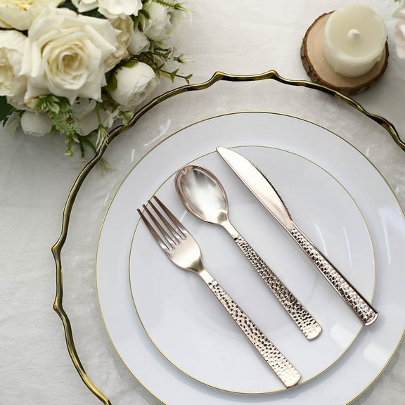 Efavormart 24 PCS Metallic Rose Gold Hammered Disposable Plastic Cutlery Set for Wedding Party Banquet Events Candy Buffet