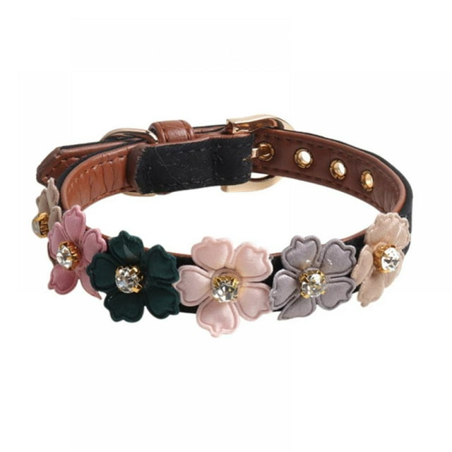 POINTERTECK Pet Adjustable PU Collar for Small Medium Dogs Shiny Lovely Colorful Flowers with Shiny Diamonds