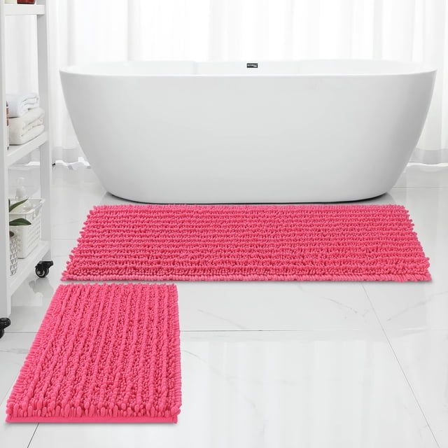 Juego de alfombras de baño FLOLEOPA, lujosas alfombrillas de baño de chenilla de color rosa intenso
