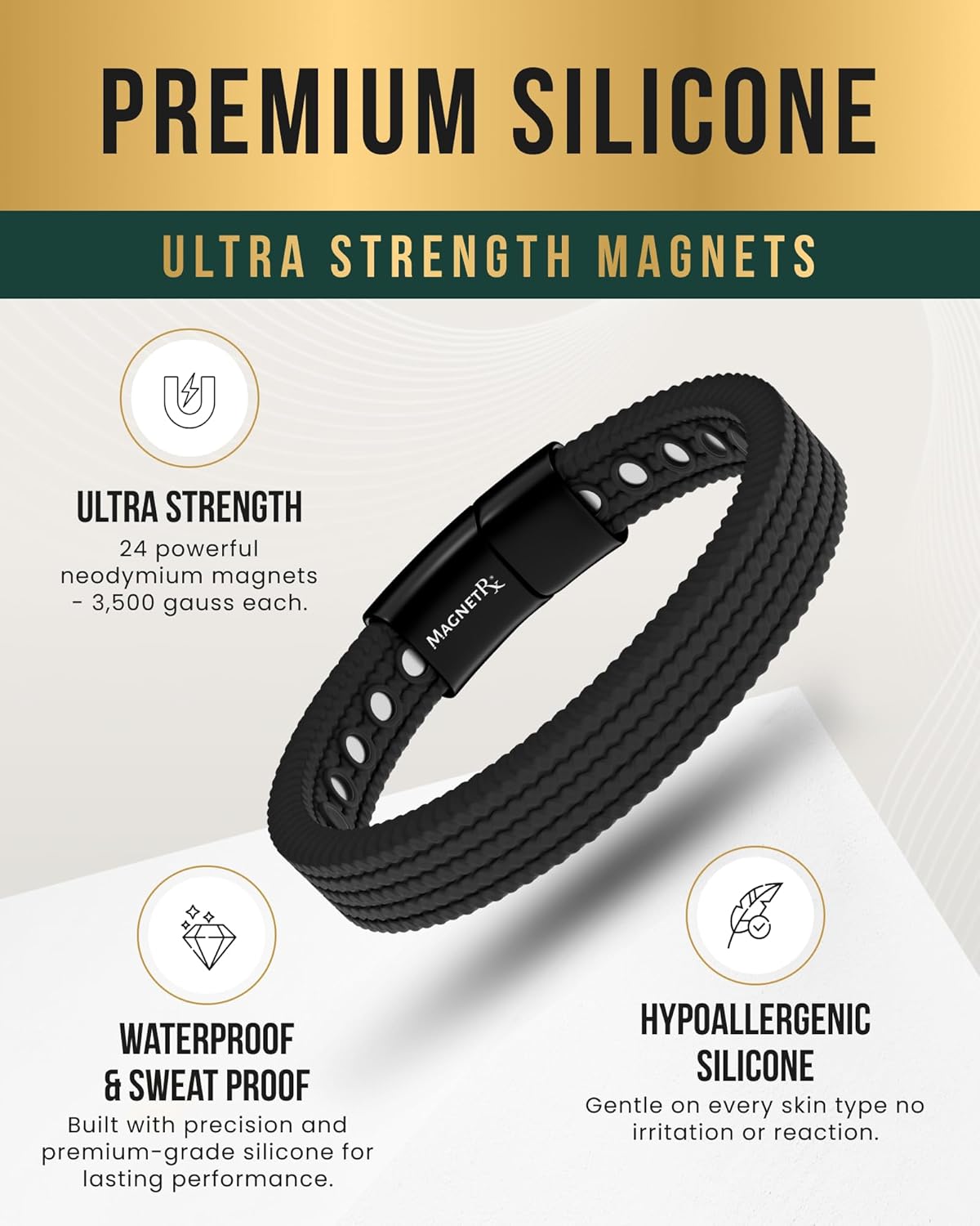 MagnetRX® Magnetic Sports Bracelet for Men – Ultra Strength Magnetic Balance Bracelet for Men & Women with Adjustable Clasp – Waterproof & Sweatproof Silicone Golf Bracelets for Everyday Wear