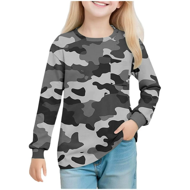 RXMEKW Chandail Imprimé pour Filles 5-14 Ans à Manches Longues Col Ras du Cou Chemise Douce Tenue Décontractée en Vert Armée