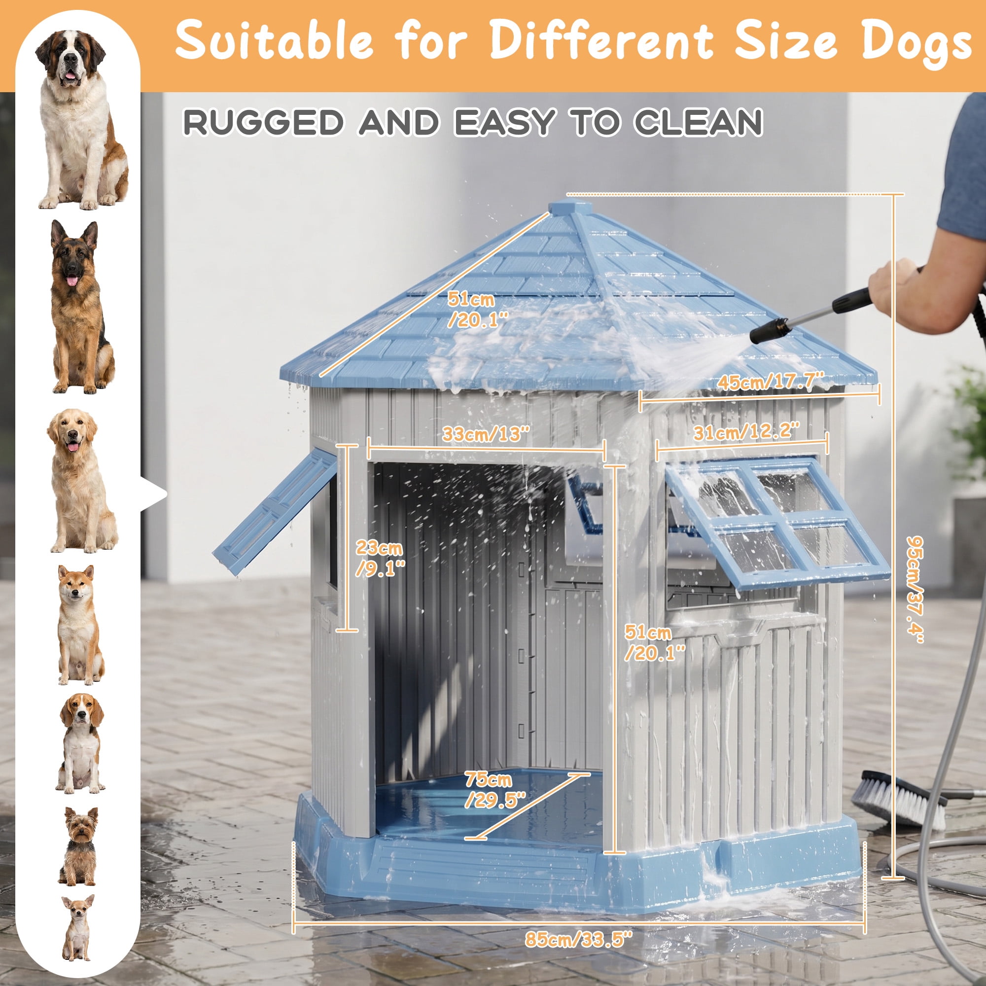 Nihsuao Durable Waterproof Dog House for Medium to Large Dogs, Indoor Outdoor Plastic Kennel with Elevated Floor & Air Vents, Easy Clean & Assemble, Blue, 33.5"L x 29.5"W x 37.4"H