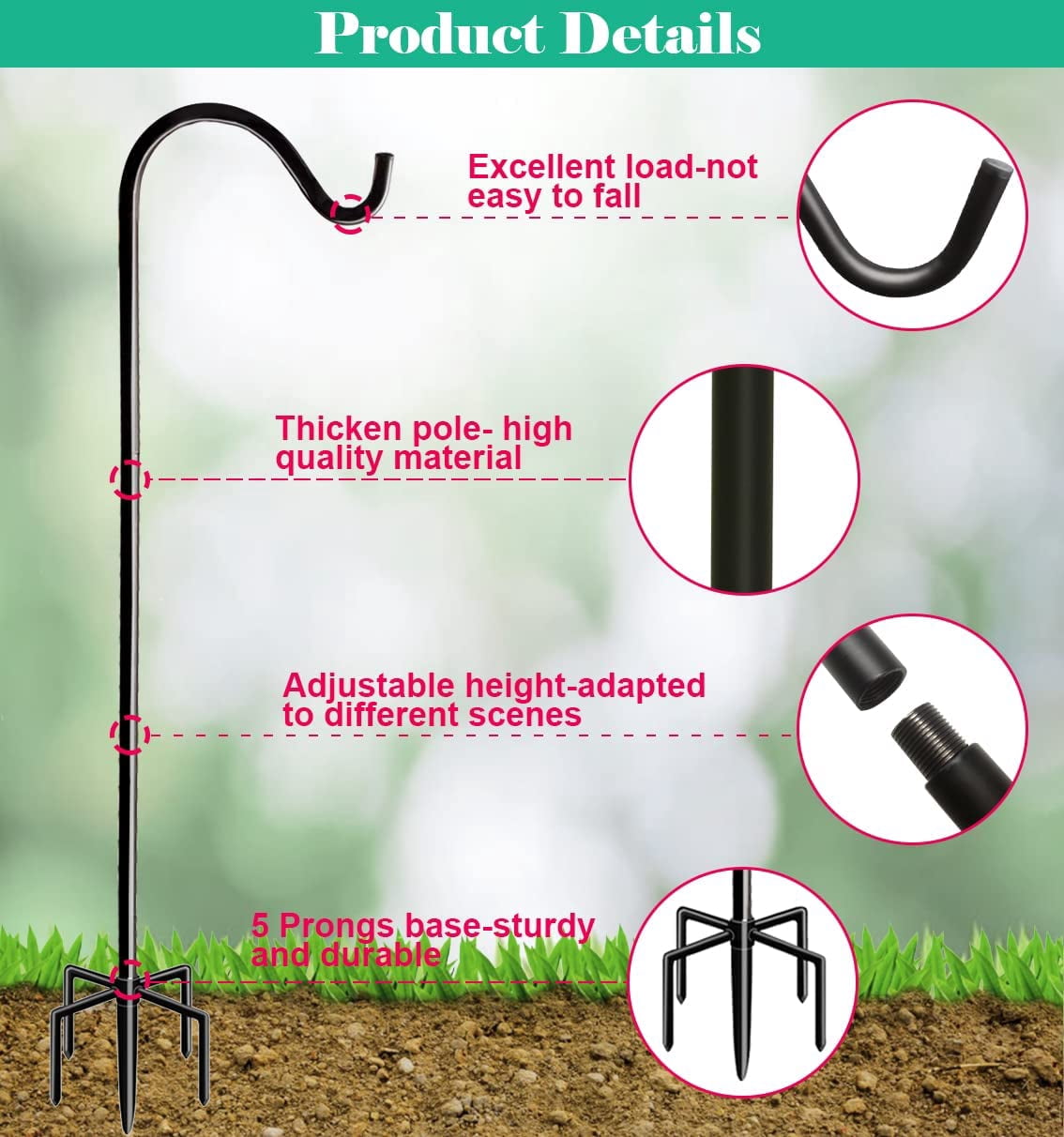 60 Inch Tall Outdoor Shepherds Hook with 5 Prong Base, Adjustable Bird Feeder Pole Hanger for Hanging Outside Birdfeeders, Plant Baskets, Lanterns, Wedding Decor