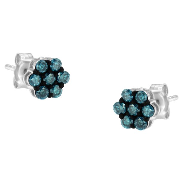 Sterling Silver 1/2ct TDW Treated Blue Diamond Floral Stud Earrings (Blue,I2-I3)