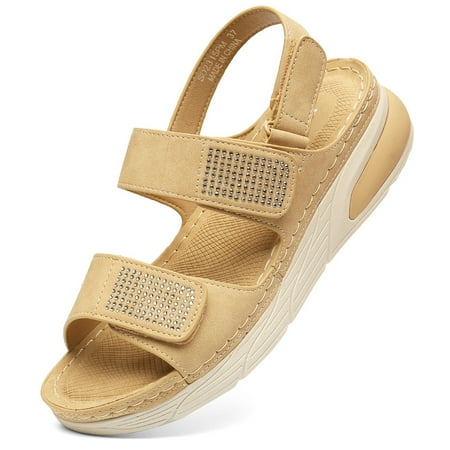 Flat Platform Sandals for Women Summer Sandal Rhinestones Ankle Strap Casual Walking Shoes Beige 9
