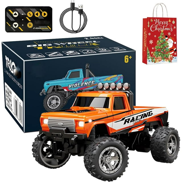 Mini Camion Tout-Terrain avec Lumières, 1:64 Mini Camion Monstre Rc, Télécommande 2.4ghz, 3 Vitesses Réglables, Camions Rc en Alliage Rechargeables USB, Idées Cadeaux de Noël Anniversaire Cool (Orange-B)