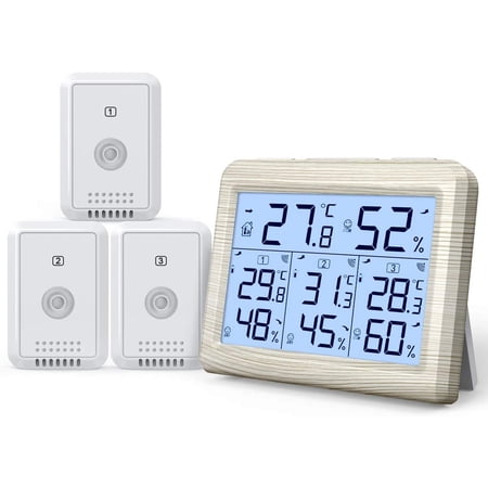 Digital Indoor Thermometer  Indoor Outdoor Thermometer with 3 Sensor Humidity Monitor Humidity Gauge Indoor Thermometer for Bedroom Babyroom Basement Warehouse