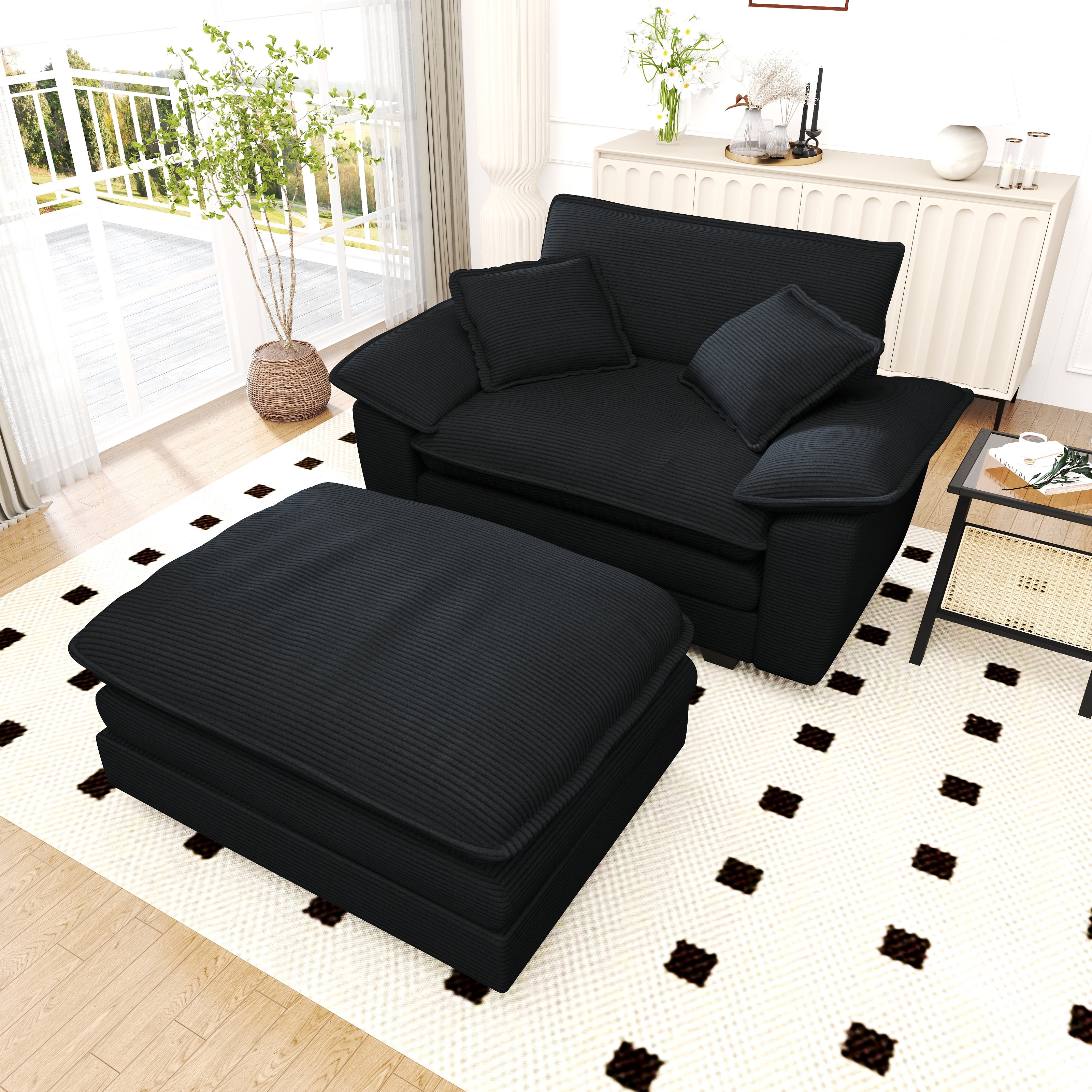 Lunale Oversized Lounge Chair & Ottoman Set - 48" Cloud Corduroy Accent Armchair for Modern Living/Bedroom, Black Corduroy
