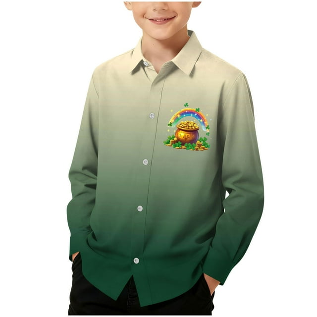 RXMEKW Chemise à Manches Longues Imprimée pour la Saint-Patrick pour Garçons avec Col Rabattu, 95 % Coton 5 % Spandex, Vert