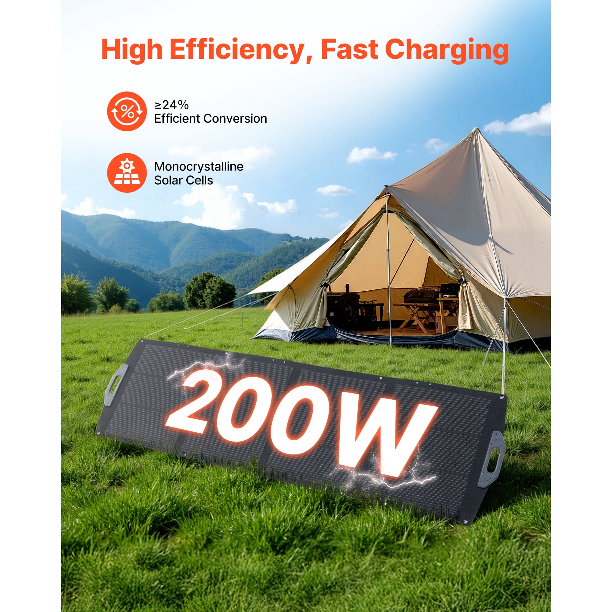 KFFKFF 200W Foldable Solar Panel, Portable Monocrystalline Charger with High-Efficiency Output, Multiple Ports (MC4, USB-A, Type-C, DC), IP67 Waterproof for Outdoor Use, Camping, and Hiking