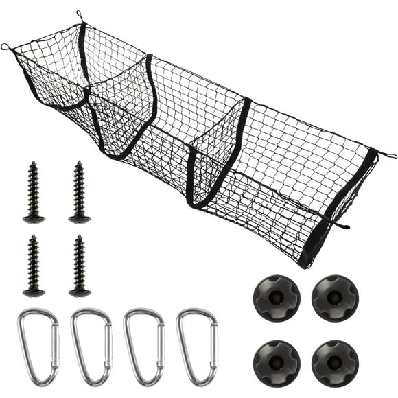 GFDYREE Heavy Duty Mesh Cargo Net, 3 Pocket Trunk Bed Storage Organizer Compatible for SUV, Car, Pickup Truck Bed, Etc.with 4 Metal Hooks (11.8×11.8×47.3 Inch), Black