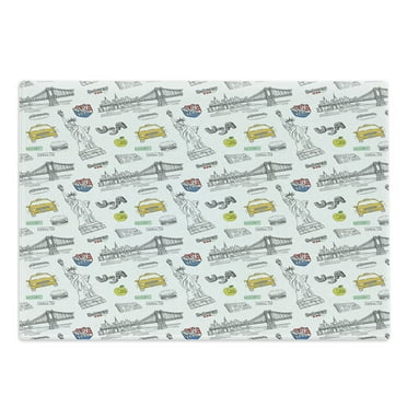 USA Cutting Board, Liberty New York City Hotdog Manhattan Bridge American Illustration, Decorative Tempered Glass Cutting and Serving Board, Large Size, Yellow Grey White, by Ambesonne