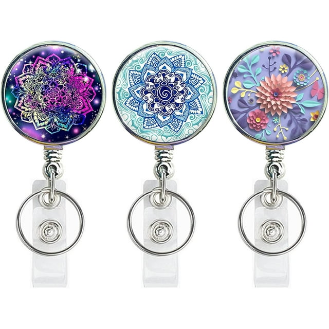 ORUYROP Retractable Badge Holder, Lightweight Plastic Badge Reel Retractable Card Holder with Key Ring Backing Belt Clip for Nurse,Volunteer,Teacher,Student,Office Worker (Pretty Mandala 3Pack