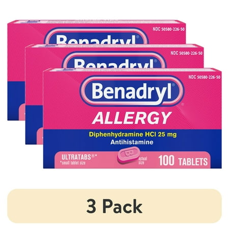 (3 pack) Benadryl Ultratabs Antihistamine Cold & Allergy Relief Tablets, 100 Count