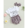 thumbnail image 3 of Cenuakty Baby Girls Shorts Set, Short Sleeve Letters Print Romper Leopard Print Shorts with Hairband, 3 of 9