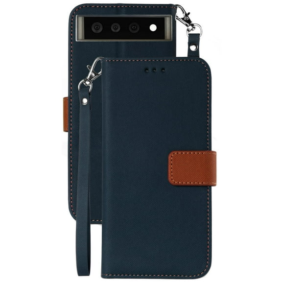 Wallet Phone Case for Google Pixel 6, [Navy Blue/Brown] Folio Credit Card Slot ID Cover, View Stand [Magnetic Closure, Wrist Strap Lanyard]