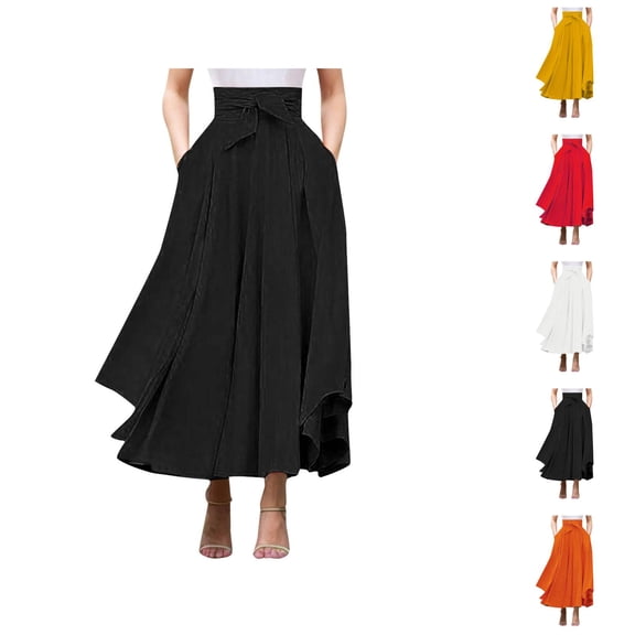 Bohemian Maxi Skirt for Women Elastic High Waist Side Slit Irregular Hem Flowy Long Skirt with Pockets