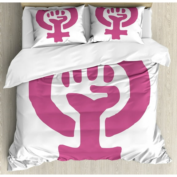 Feminist Queen Size Duvet Cover Set, Feminine Symbol of Feminism Ideology for Human Rights and Gender Equality, Decorative 3 Piece Bedding Set with 2 Pillow Shams, Magenta and White, by Ambesonne
