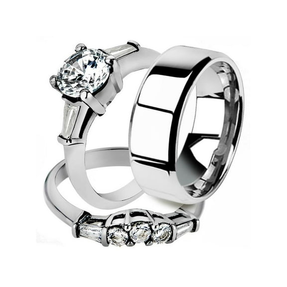 His and Her 3pc Stainless Steel 1.95 Ct Cz Bridal Ring Set and Men Beveled Edge Band Women's Size 10 Men's 06mm Size 11