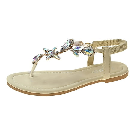 

Womens Sandals 2023 Women s Rhinestone Flat Sandals Womens Elastic Strappy String Thong Ankle Strap Summer Gladiator Sandals