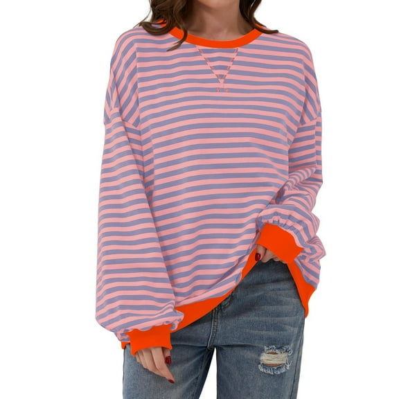 Aayomet Womens Oversized Sweatshirt Casual Striped Color Block Long Sleeve Crewneck Pullover Tops Fall Outfits Y2k Clothes (PK2, XL)