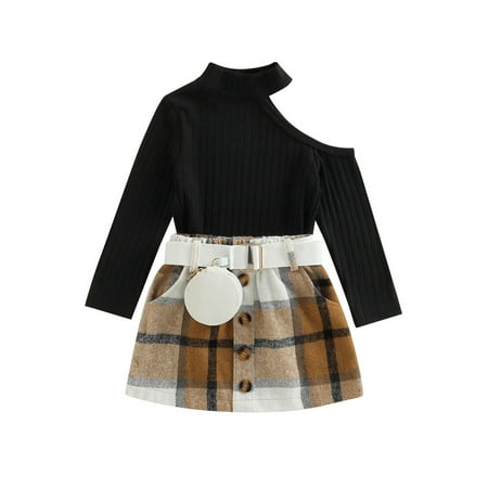 

HESHENG Toddler Baby Girl Fall Clothes Single Shoulder Ribbed Knitted Tops Plaid Mini Skirts Waist Bag 3Pcs Outfits Sets 5-6 Years