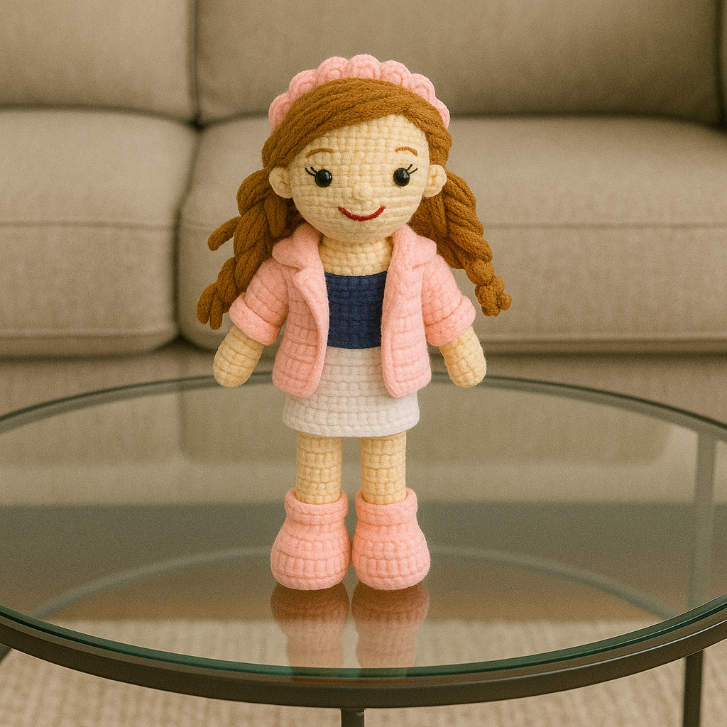 Handmade Crochet Girl Doll – Woolen Plush in Pink Jacket, White Skirt & Headband | Stylish Soft Toy for Kids & Gifting
