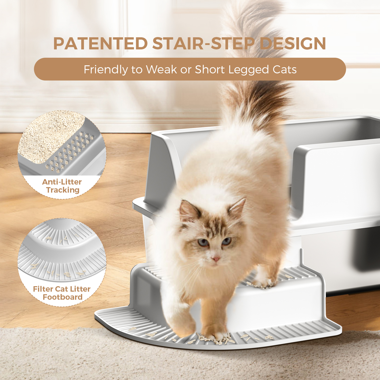 Enclosed Stainless Steel Cat Litter Box Extra Large Litter Box for Big Cats, High Side Enclosure Metal Litter Pan Tray with Scoop, Anti-Leakage, Easy Cleaning