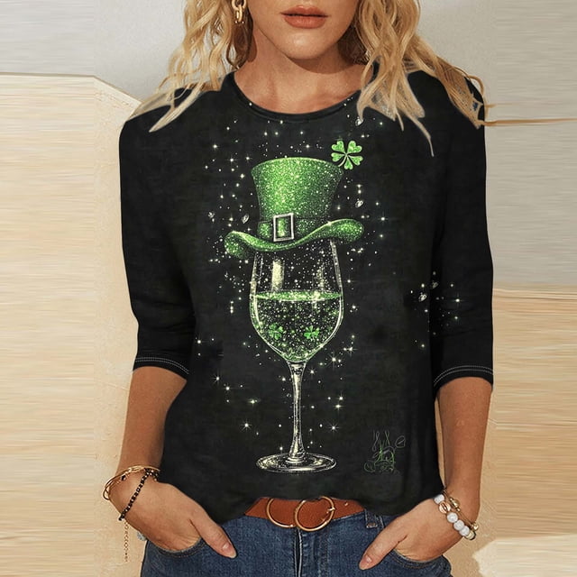 T-Shirt à Col Rond Imprimé de la Saint-Patrick pour Femmes, Manches Trois Quarts 3/4, Coupe Ample
