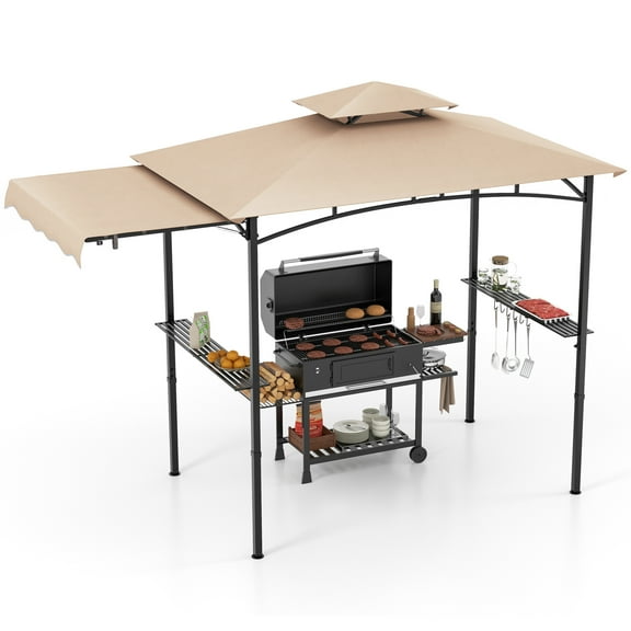 Gymax 11 x 5 FT Grill BBQ Gazebo w/ Side Awning Double-Tiered Top 2 Side Shelves Beige