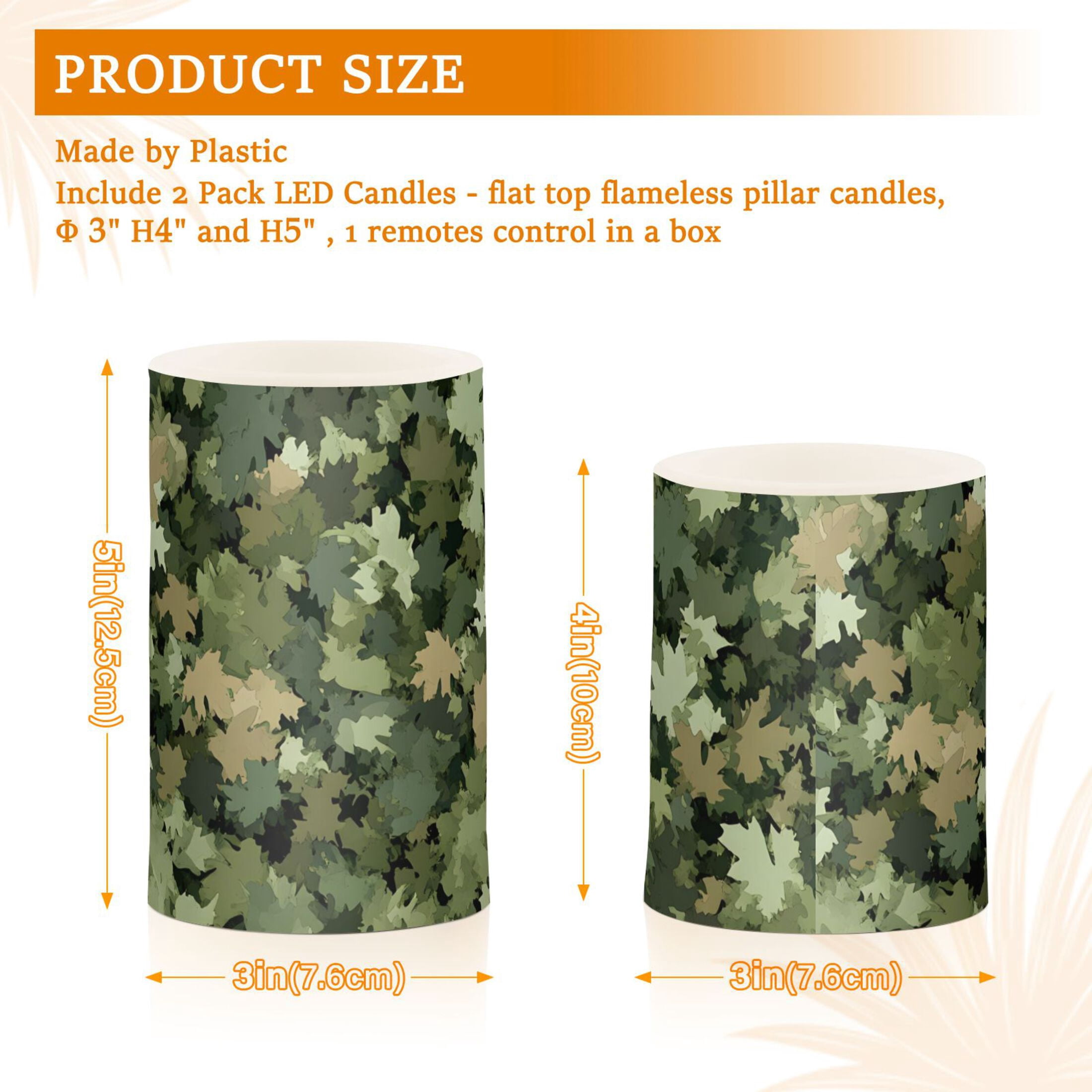 Dark Green Leaf Camouflage Flickering Flameless Candles Battery Operated with Remote Timer LED Pillar Candles Set of 2
