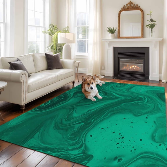Gradient Green Marble Large Area Rugs 8x10 ft Abstract Dark Green Ombre Water Ripples Washable Rug Non Slip Indoor Carpet Absorbent Floor Mat for Living Room Bedroom Dining Room