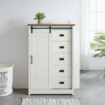 47.64" H Farmhouse 5 Drawers Dresser, Tall Dresser 5 Chest of Drawers with Sliding Barn Door, Wooden Storage Organizer Cabinet Chest of Drawer for Closet for Living Room, Hallway (White)