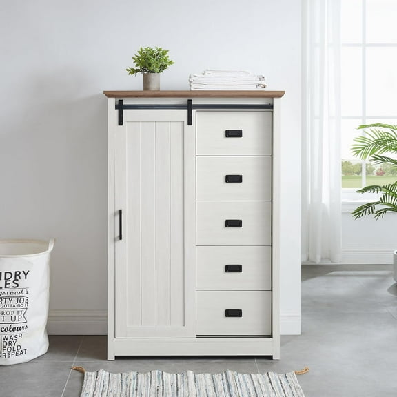 47.64" H Farmhouse 5 Drawers Dresser, Tall Dresser 5 Chest of Drawers with Sliding Barn Door, Wooden Storage Organizer Cabinet Chest of Drawer for Closet for Living Room, Hallway (White)