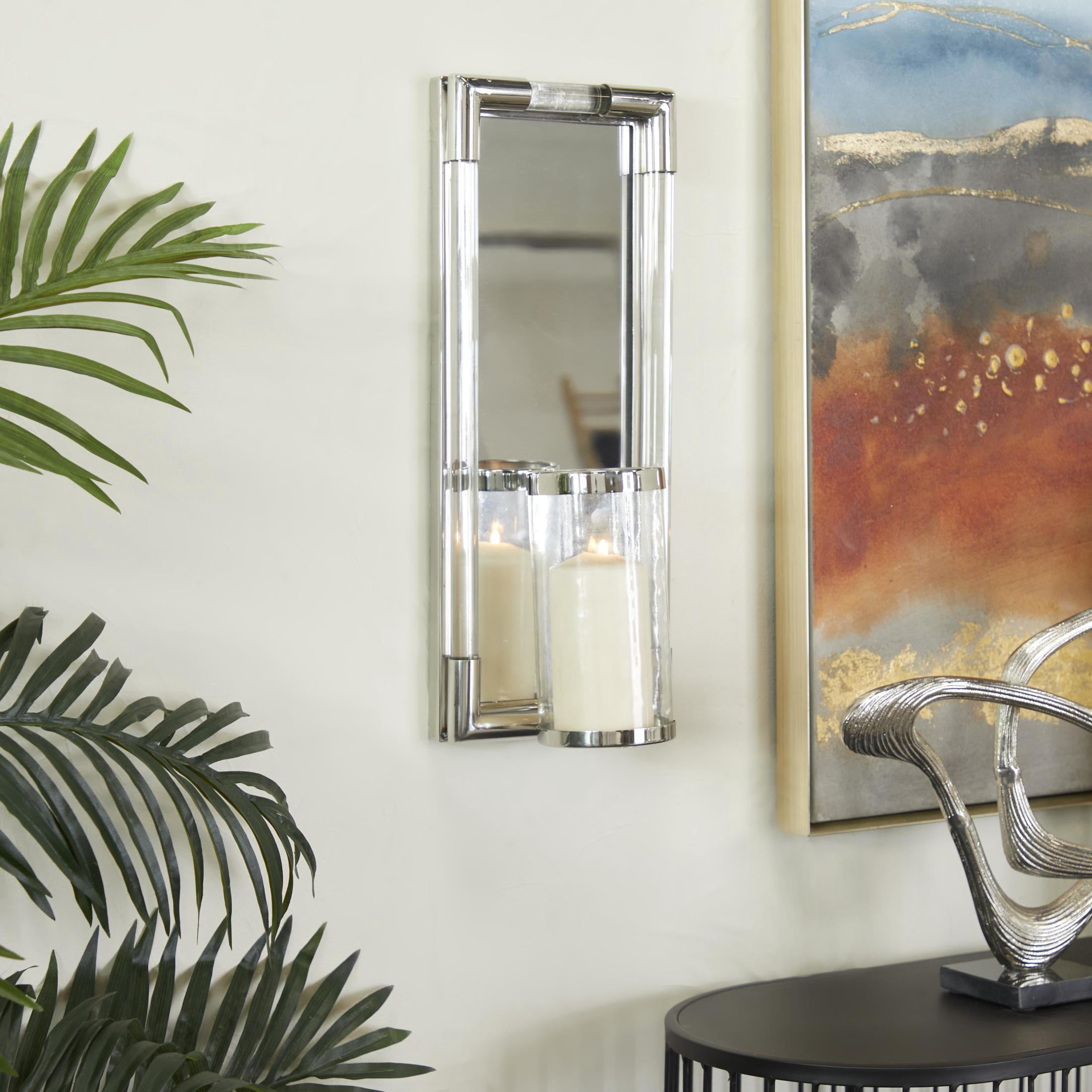 DecMode Silver Stainless Steel Metal Geometric Pillar Wall Sconce with Mirror Backing