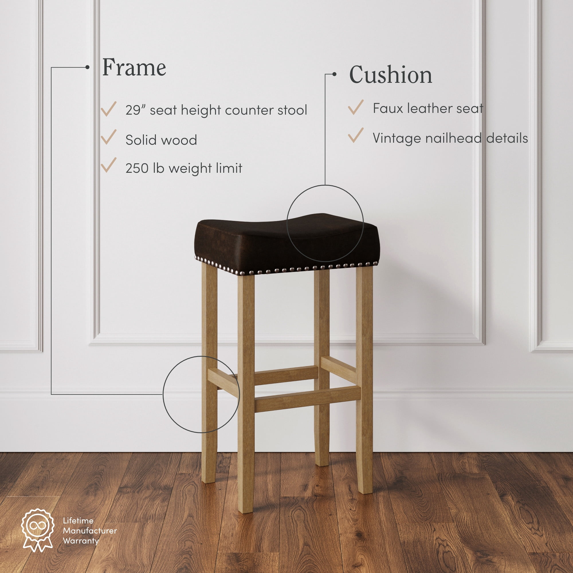 Nathan James Hylie Nailhead Wood Pub-Height Counter Bar Stool 29" Dark Brown Fabric Cushion Light Brown Finish