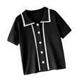 thumbnail image 4 of Camiseta de mujer Blusa de solapa delantera con botones Camiseta suelta de manga corta para niña, Negro sidaley AP001518-01B, 4 of 7