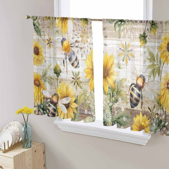 Sunflower Semi Sheer Curtains 54 Inch Length 2 Panels Set, Vintage Summer Bee Botanical Farmhouse Sheer Kitchen Curtain Privacy Voile Window Curtain for Living Room Bedroom Rod Pocket Drapes