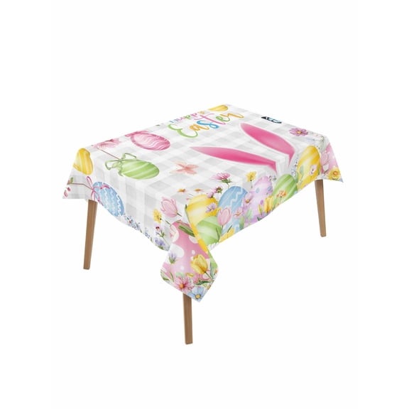 Happy Easter Rectangle Tablecloth, Spring Watercolor Bunny Eggs Flower Grey Plaid Waterproof & StainResistant Tablecloth, Washable Oil-proof Table Cover for Dining/Party/Wedding/Buffet 60x84 In