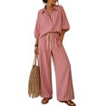 thumbnail image 2 of Womens Striped Set 2 Piece Outfits 3/4 Puff Sleeve V Neck Top and Drawstring High Waist Palazzo Pants, L, 2 of 6