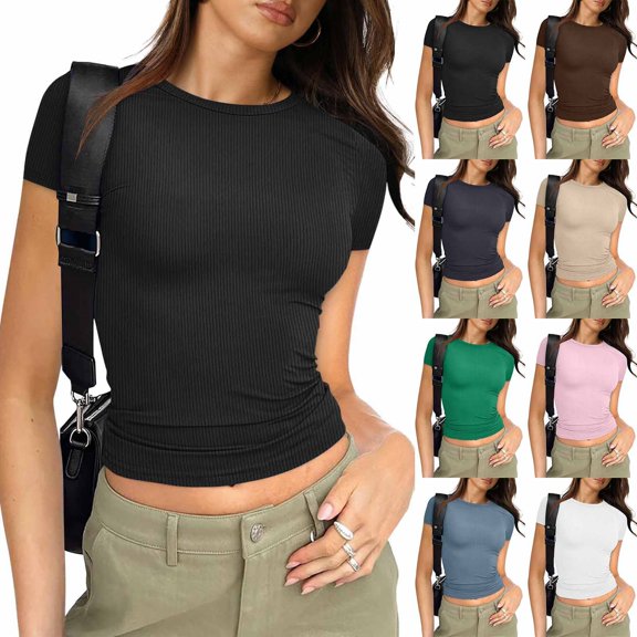 Fashion Tops for Women Fitted Short Sleeve Solid Color Basic Tee Slim Fit Shirts Casual Summer Tops Daily Everyday Wear