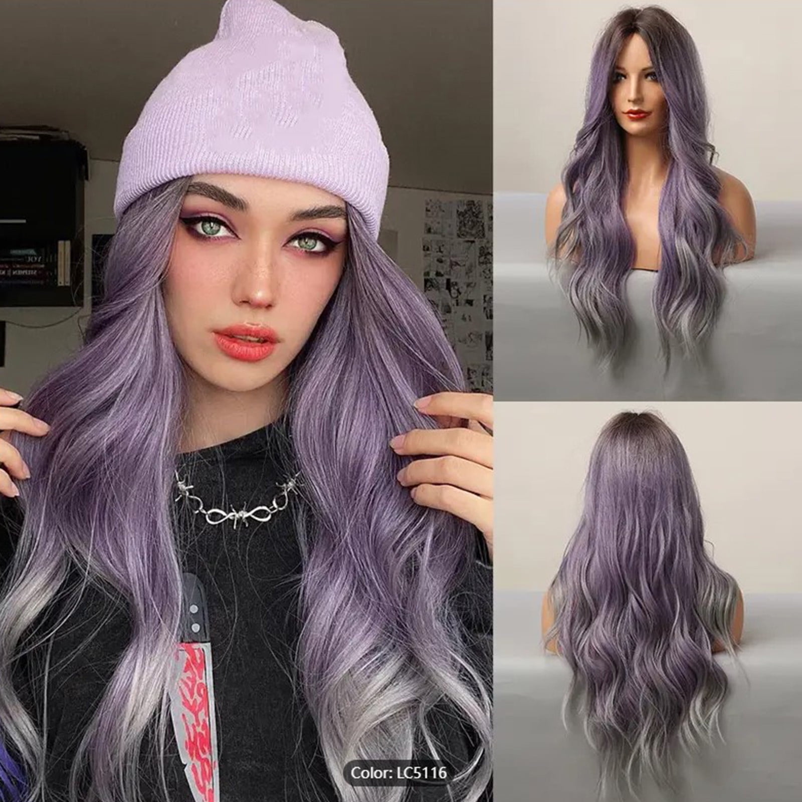 YSGFHGJW Wigs for Black Women,Color Mixing Colors Long Roll Curly Hair Middle Score Wig Fashion Natural Wig High Temperature Wire 25.59in Long Wig For Women Daily Life,Purple