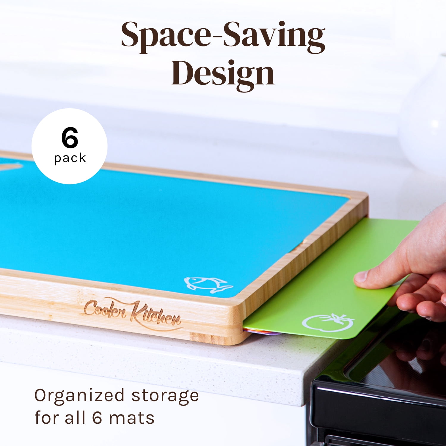 Easy-to-Clean Bamboo Wood Cutting Board with set of 6 Color-Coded Flexible Cutting Mats with Food Icons - Chopping Board Set