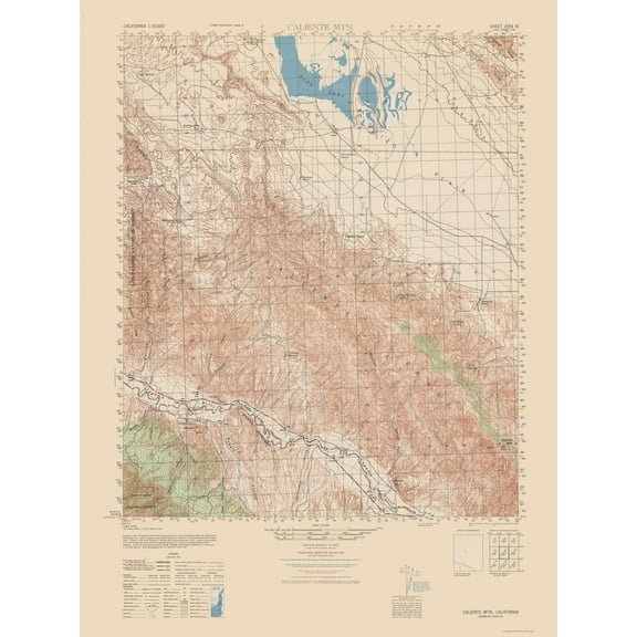 Topographical Map - Caliente Mountain Quad - USGS 1943 - Vintage Wall Art