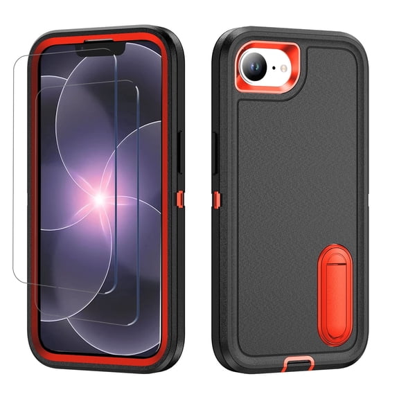 Military Grade Phone Case compatible with Apple iPhone 17e, 2 Pack Screen Glass Protector Film, Dual Layer Shockproof Cover with Built-in Kickstand