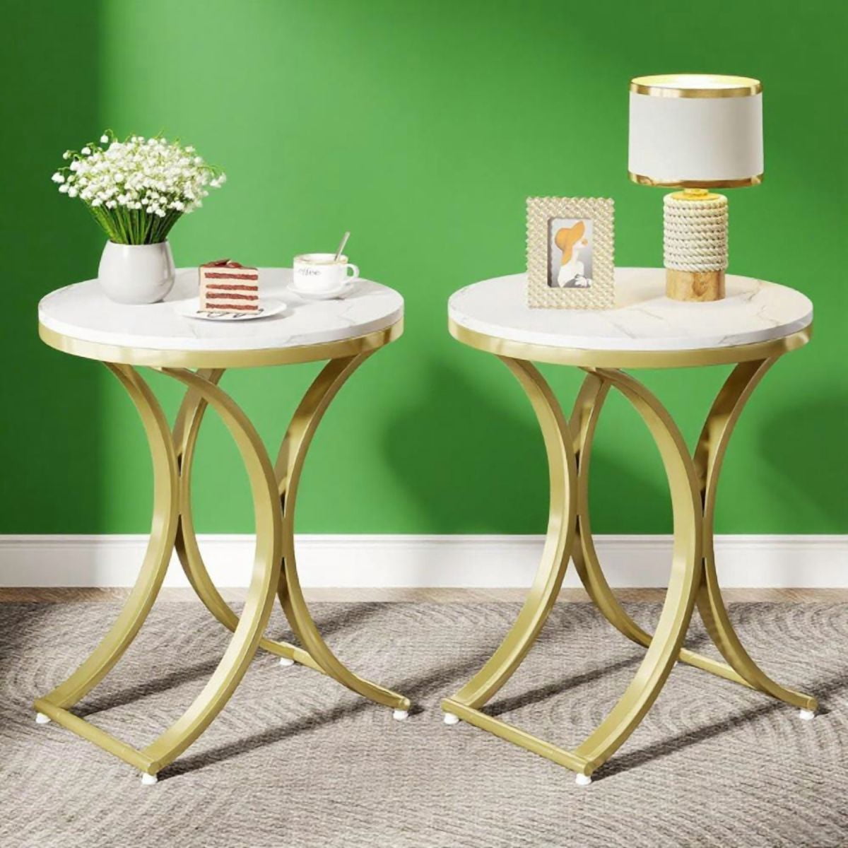 Round Side Table with White Marble Top & Gold Base, Small End Table for Sofa, Bedroom, Living Room