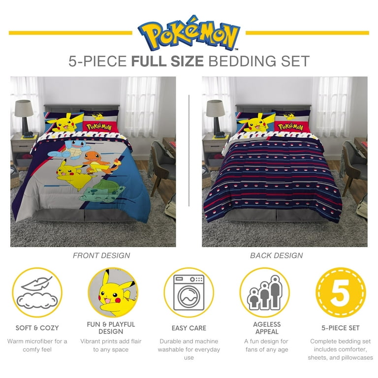 Pokemon Kids Piece Gray Blue Reversible Comforter, Bed in a Bag